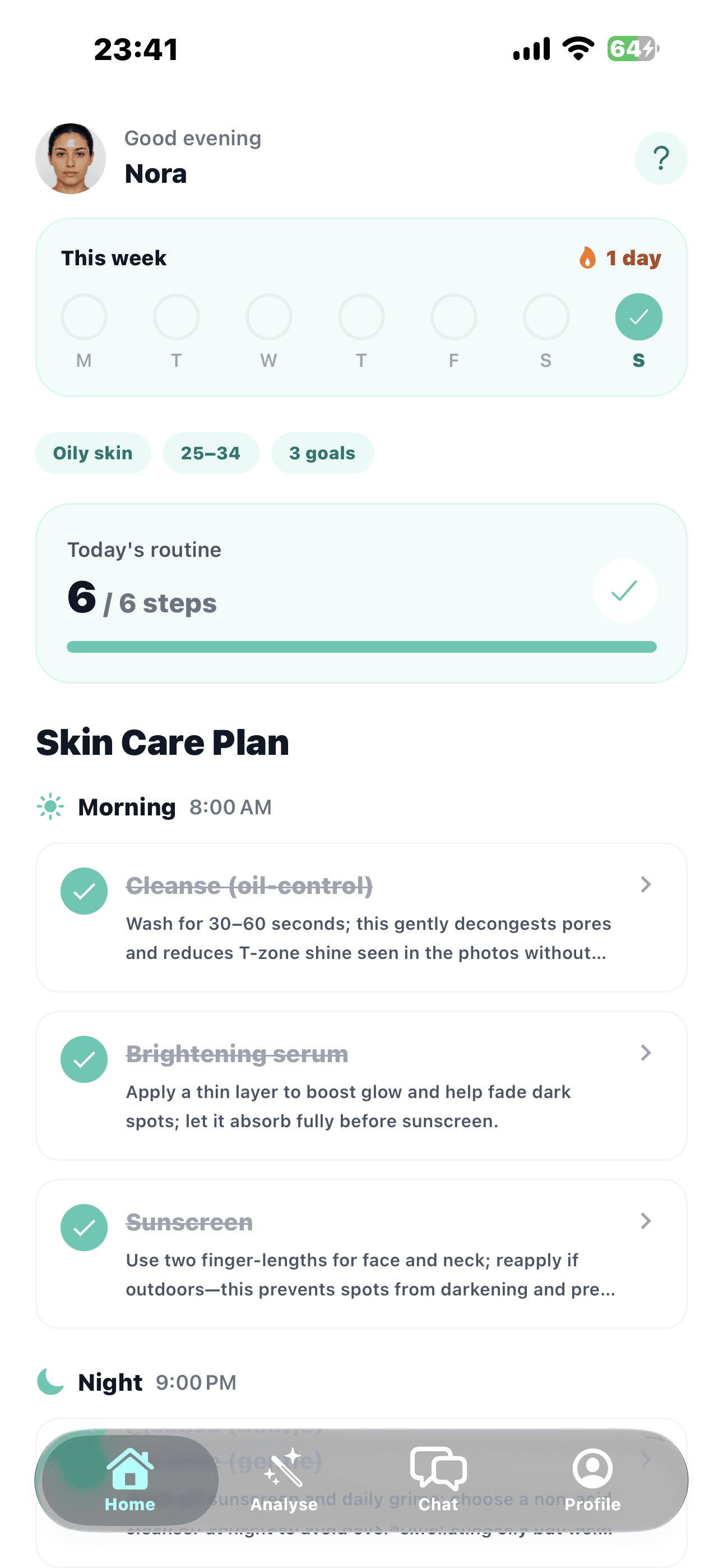Screenshot of the Vera Today screen: a one-day streak, all six routine steps done, and the morning skin care plan listed step by step.